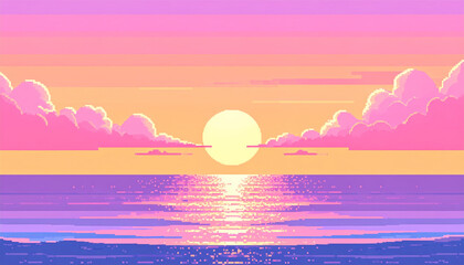 pixel art sunset over ocean, showcasing large sun setting horizon. sky is filled with shades of pink and orange, reflecting beautifully water surface, creating serene and calming