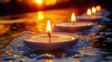 Three candles in water, warm sunset glow