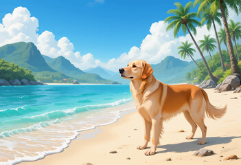 Tropical Beach Serenity: Golden Retriever, Palm Trees, Azure Sea, Sandy Shore, Mountain View