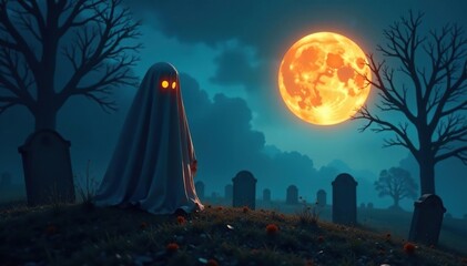 Spooky Halloween ghost in a graveyard at night Atmospheric fog and moon , skull, scary, dark