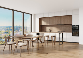 Modern kitchen and dining room with natural light and wooden details