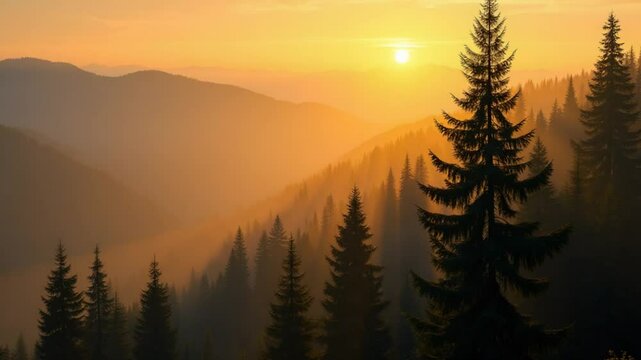 sunlight in spruce forest in the fog on the background of mountains at sunset
