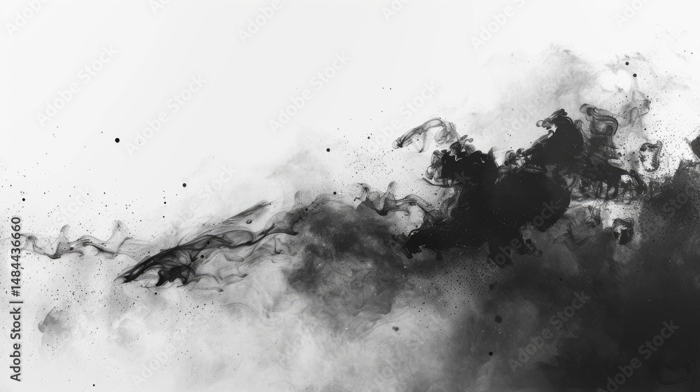 Poster abstract black ink swirls on a white background. digital art for design of black ink chinese brushst