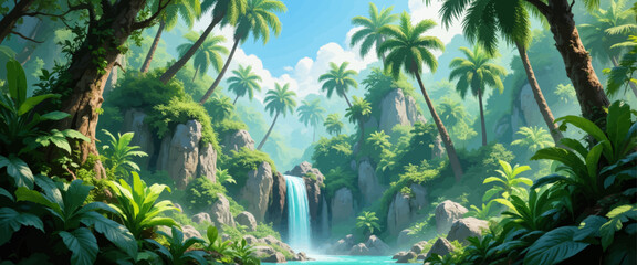 Tropical Oasis Waterfall Lush Palms Serene Jungle Paradise