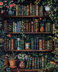 A bookshelf filled with intricately illustrated books, set against a backdrop of lush greenery, inviting quiet reflection and contemplation.