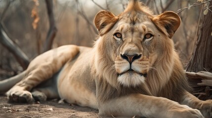 Fototapeta premium Majestic lion resting in a natural habitat.