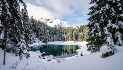 Frozen lake in alpine forest