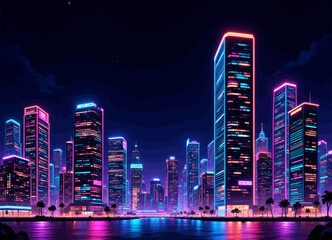 Fototapeta premium Vibrant Neon Cityscape at Night with Skyscrapers and Palm Trees