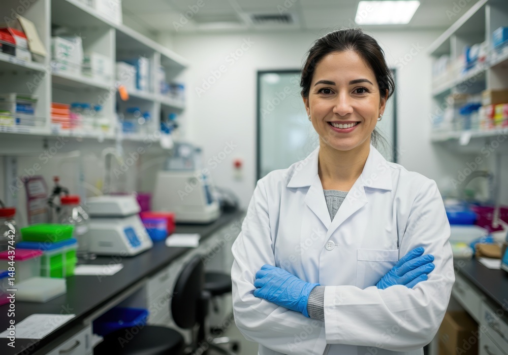 Aufkleber smiling female scientist in lab coat with arms crossed in a laboratory setting