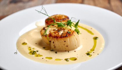 Delicious firefly scallops served on creamy sauce, garnished with fresh herbs and drizzle of oil, creating elegant and appetizing presentation