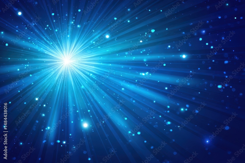 Wall mural a bright blue burst of light radiates outward with sparkling particles on a dark blue background, cr