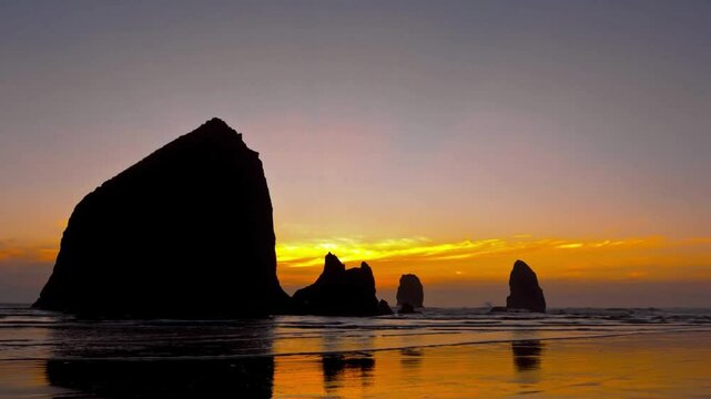 Oregon Coast Sunset Silhouette Haystack Rock Landscape