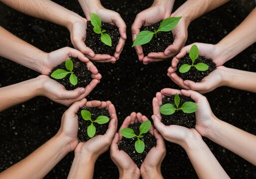 Many hands holding small seedlings with soil in a circle representing growth and sustainability