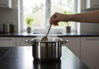 Person stirring food in a metal pot on a kitchen counter steam rising