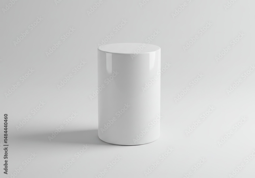 Aufkleber a simple white cylinder stands on a white surface in a studio setting with soft shadows