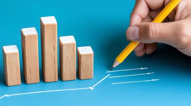 Hand Drawn Line Graph Over Wooden Bar Graph On Teal Background