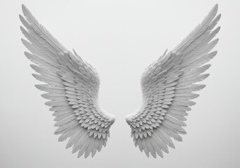 Obraz premium A pair of elegant white angel wings with detailed feathers on a clean light background