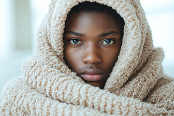 A person wrapped warmly in a cozy, thick beige blanket, gazing directly at the camera with a calm, serene expression.