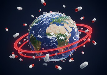 Planet earth encircled by pills representing global healthcare and medicine concept