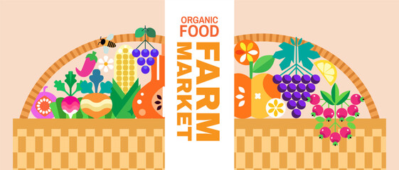 Farmer,s market template banner Vegetables are grown on a private farm Agriculture Vector icon set geometrical illustration