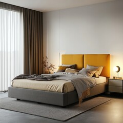 Modern bedroom with mustard headboard