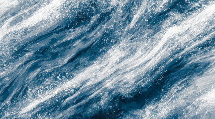Abstract blue paint background wavy fluid texture with white splatter like snow, winter concept.
