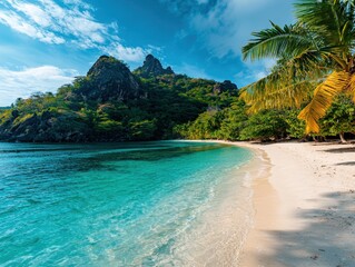 Obraz premium Cinematic turquoise water kisses the sandy beach of leeyongjay tropical island under a blue sky with rocky mountain and palm tree swaying gently in the breeze.