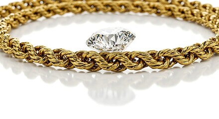 Gold chain twisted around a large diamond on a white background