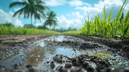 Fototapeta premium A shot of a tropical landscape with standing water in puddles demonstrating the breeding grounds for Anopheles mosquitoes that can spread the deadly malaria disease