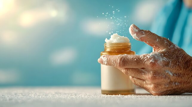 A close up shot of a person s arms covered in a red itchy heat rash applying a layer of calming and soothing calamine lotion to provide relief after spending too much time in the hot sun