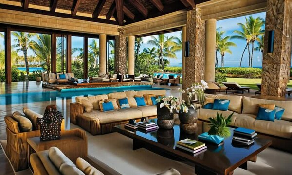 Luxurious tropical villa interior with ocean view, designer furniture and private pool