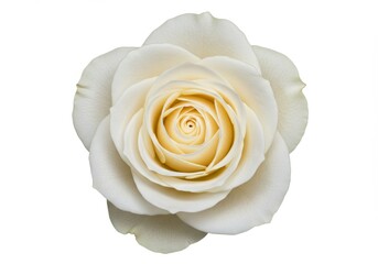 Close up of a single white rose with soft petals and a creamy center on a white background
