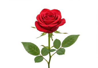 A single red rose with green leaves isolated on a clean white background shows vibrant color