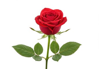 A single red rose with green leaves is isolated on a white background
