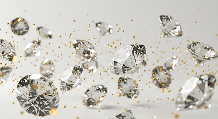 Crystal-clear diamonds floating above a white background with golden sparkles
