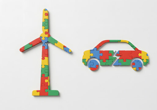 Puzzle pieces wind turbine and car on white background eco friendly concept
