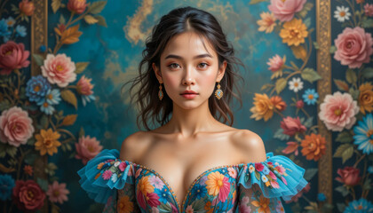 A young woman with dark hair and delicate makeup poses, wearing a vibrant floral off-shoulder gown. She's set against a backdrop of a richly colored antique floral tapestry.