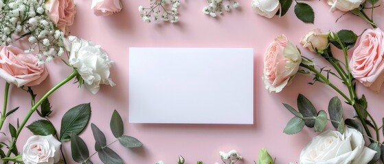 Blank white card surrounded by white flowers on a pink background. Floral stationery mockup concept. Top down view of white letter decorated with floral decoration. Romantic decoration design. AIG55.