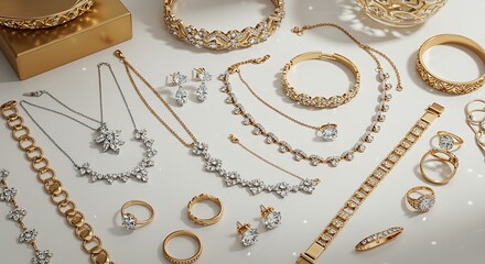 Flat lay of diamond jewelry and gold accessories on a white table