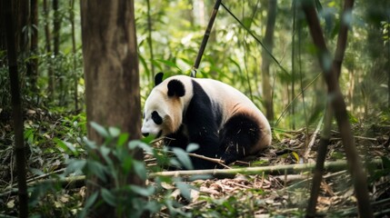 Fototapeta premium Peaceful giant panda rests in dense forest.