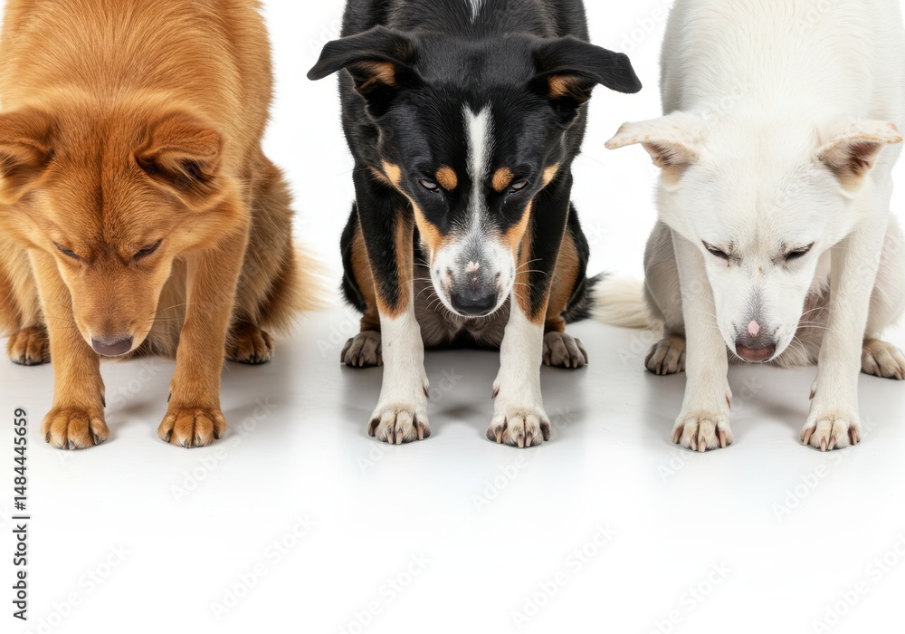 Poster three dogs of different colors are sitting side by side looking down in a studio setting