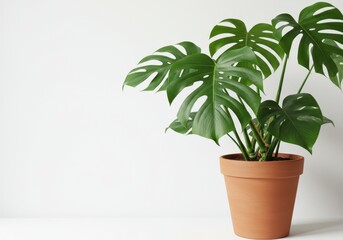 Fototapeta premium Monstera plant with large green leaves in a terracotta pot against a white background