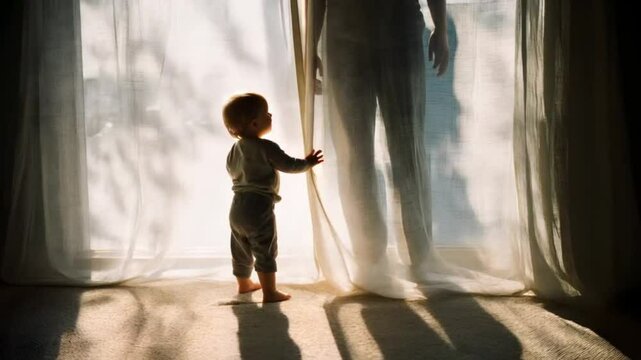 A toddler taking their first unassisted steps, parents&rsquo; hands hovering protectively, sunlight streaming through a window
