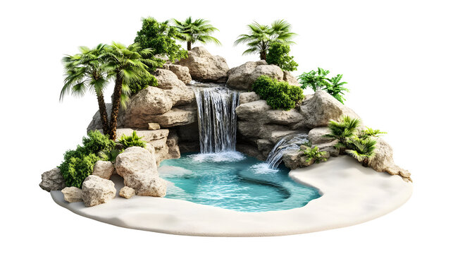 Serene Oasis: A Miniature Tropical Landscape with Cascading Waterfalls and Lush Foliage