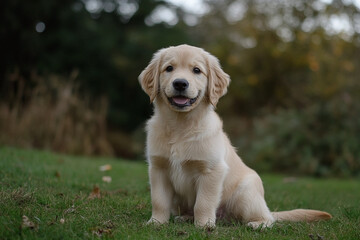 Golden Retriever Puppy's Delightful Portrait in the Outdoors Green Scenery