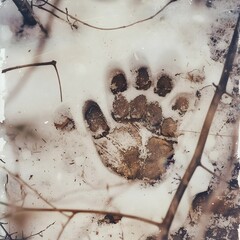 A large, circular animal pawprint, composed of five toes and a heel pad, stands out in the snow-covered ground, surrounded by bare branches and a nostalgic sepia tone.