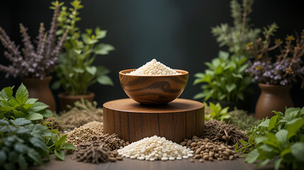 A bowl of medicine positioned on a wooden podium in the middle, surrounded by various types of herbs displayed around.