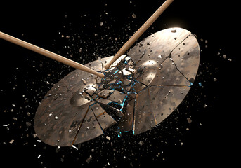 Shattering cymbal hit by drumsticks against a black background