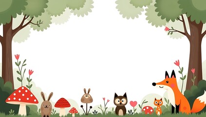 Naklejka premium “Whimsical Forest-Themed Frame with Woodland Creatures” – An illustrated border made of trees, mushrooms, and playful forest animals like foxes and owls, encircling a blank center for nature-themed co