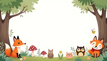 Fototapeta premium “Whimsical Forest-Themed Frame with Woodland Creatures” – An illustrated border made of trees, mushrooms, and playful forest animals like foxes and owls, encircling a blank center for nature-themed co
